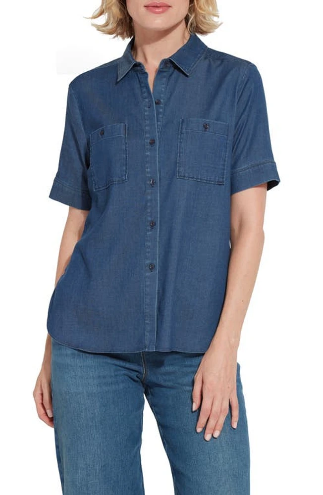 Lyssé Lola Short Sleeve Stretch Chambray Button-Up Shirt Dark Midwash at Nordstrom,