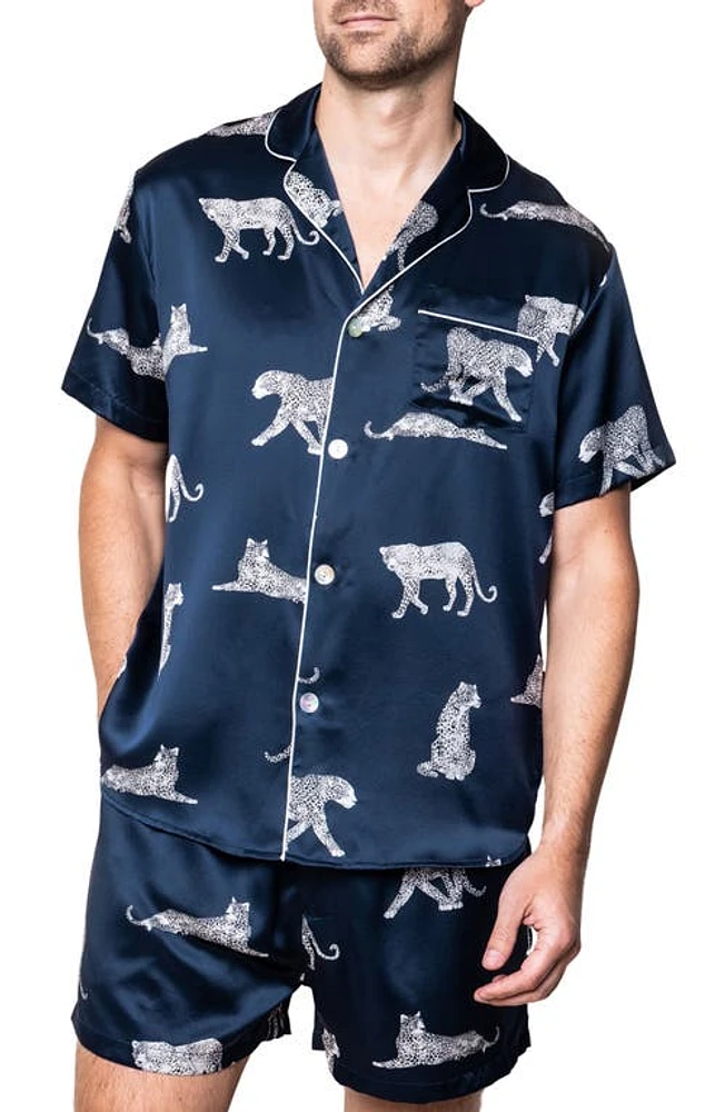 Petite Plume Panther Print Silk Short Pajamas Navy at Nordstrom,