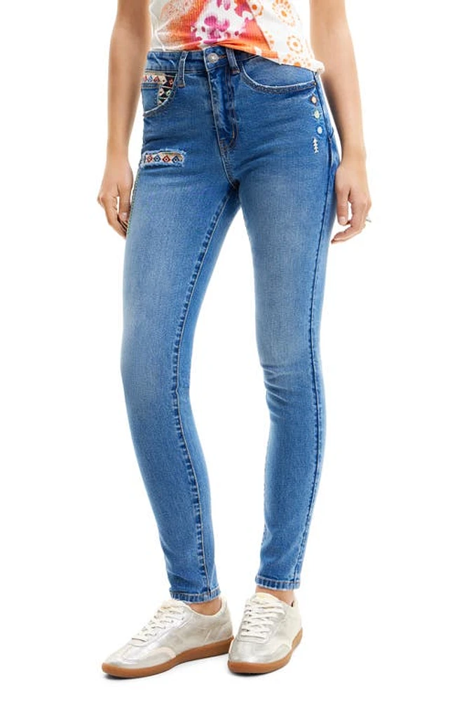 Desigual Slim Embroidered Jeans Blue at Nordstrom,