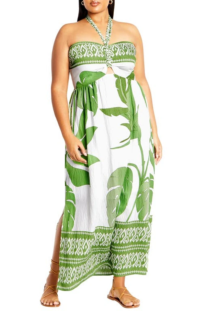 City Chic Peta Floral Border Print Halter Maxi Dress in Opulent Oasis at Nordstrom, Size Xl