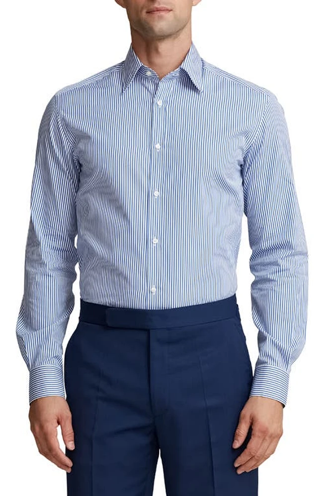 Ralph Lauren Purple Label Harrison Stripe Cotton Poplin Shirt in Dark Blue/White at Nordstrom, Size 15.5