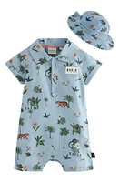 Baker by Ted Tropical Print Henley Romper & Hat Set Blue at Nordstrom,