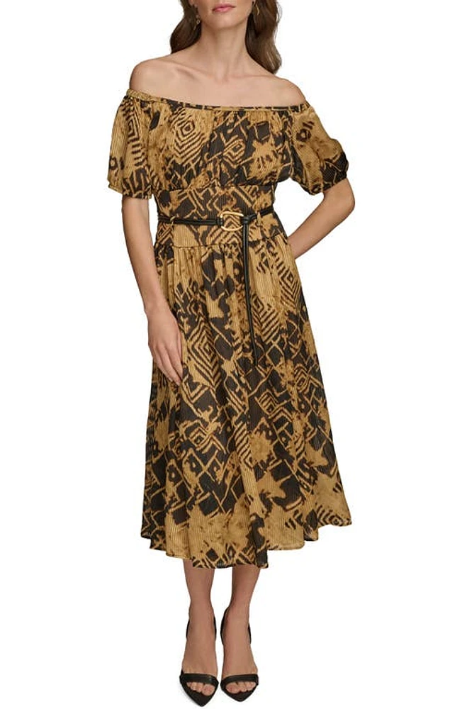 Donna Karan New York Abstract Print Off the Shoulder Dress Black/Fawn at Nordstrom,