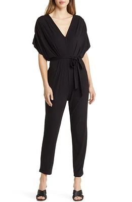 Fraiche by J Pleated Wide Sleeve Knit Jumpsuit Black at Nordstrom,