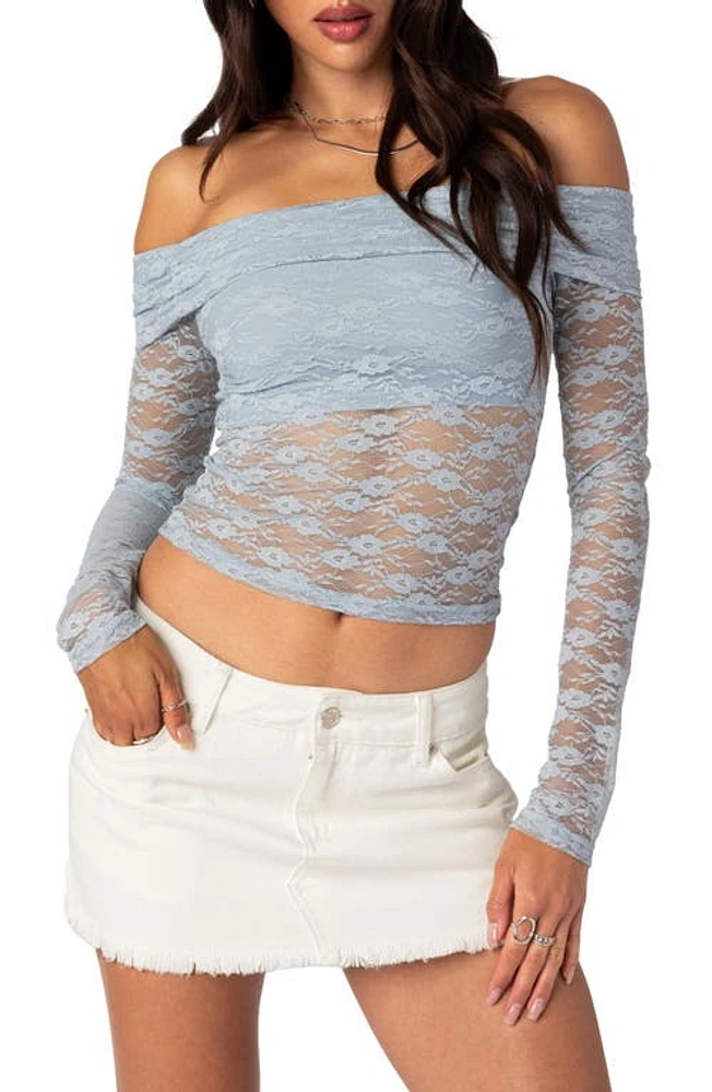 EDIKTED Elysia Foldover Lace Off the Shoulder Crop Top Light-Blue at Nordstrom,