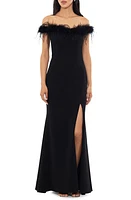 Xscape Evenings Feather Trim Off the Shoulder Scuba Gown Black at Nordstrom,