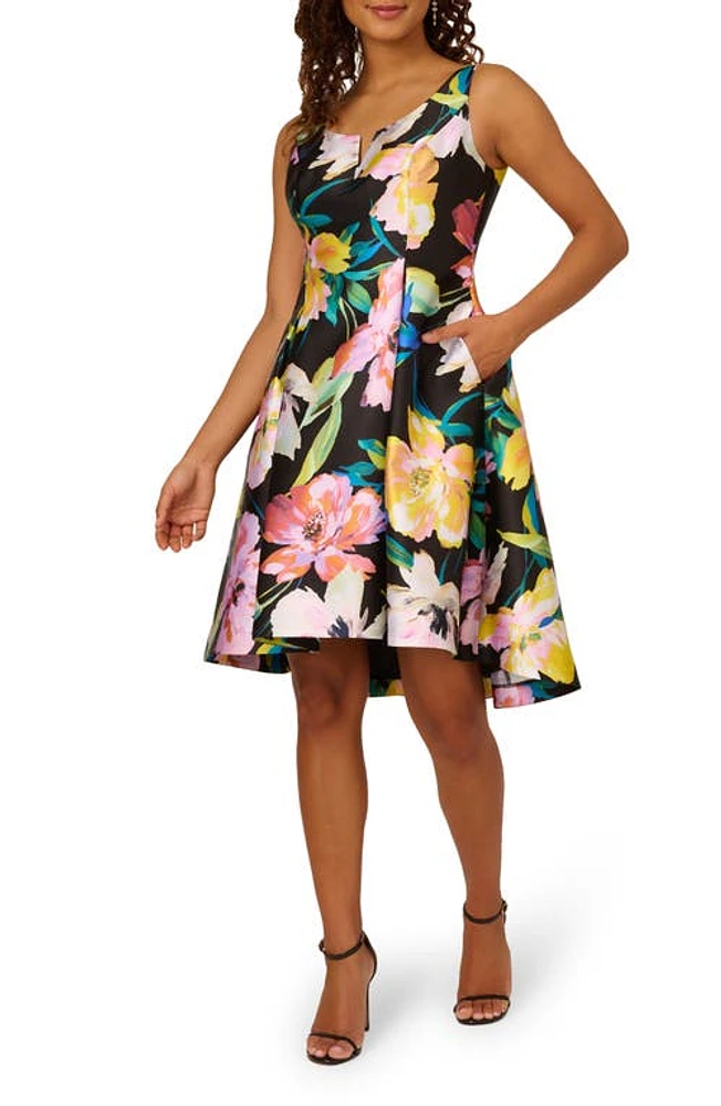 Adrianna Papell Floral Mikado Fit & Flare Dress Black Multi at Nordstrom,