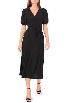 Chaus Clip Dot Sleeve Tie Waist Midi Dress Black at Nordstrom,