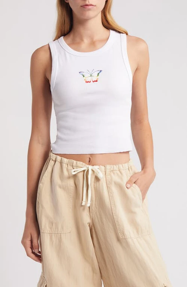 GOLDEN HOUR Rainbow Butterfly Embroidered Cotton Tank White at Nordstrom,