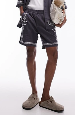 Topman Embroidered Cotton & Linen Shorts Navy at Nordstrom,