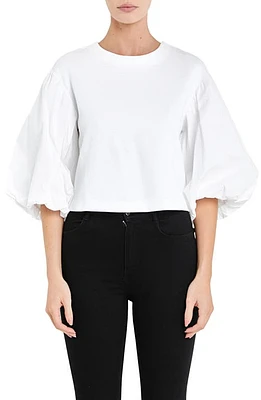 English Factory Puff Sleeve Mixed Media Sweatshirt Top White at Nordstrom,