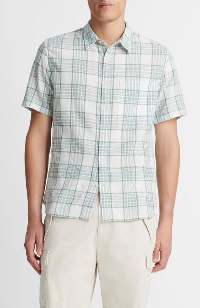 Vince Kino Plaid Linen Blend Short Sleeve Button-Up Mirage Teal/Optic White at Nordstrom,