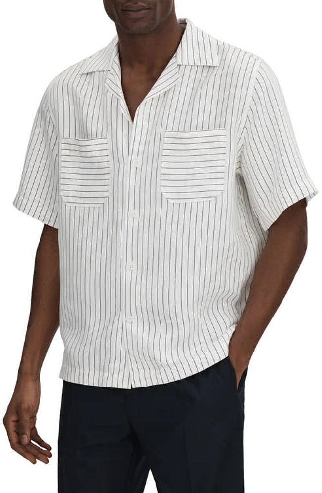 Reiss Anchor Stripe Camp Shirt White/Navy at Nordstrom,