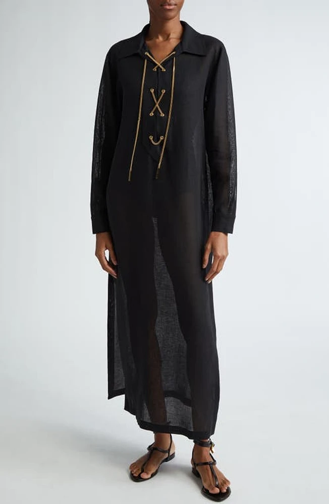 Michael Kors Collection Lace-Up Chain Long Sleeve Linen Gauze Shirtdress Black at Nordstrom,