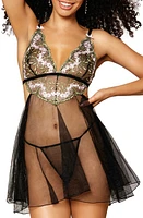 Dreamgirl Embroidered Mesh Babydoll Chemise & G-String Thong Black/pink at Nordstrom,