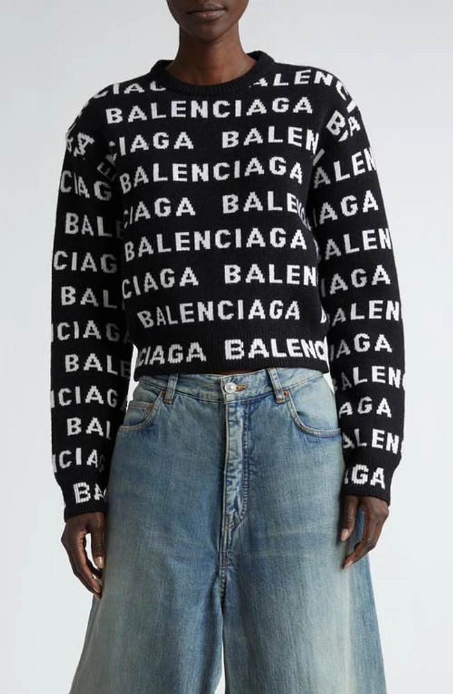 Balenciaga Allover Logo Crop Wool Blend Sweater Black/White at Nordstrom,