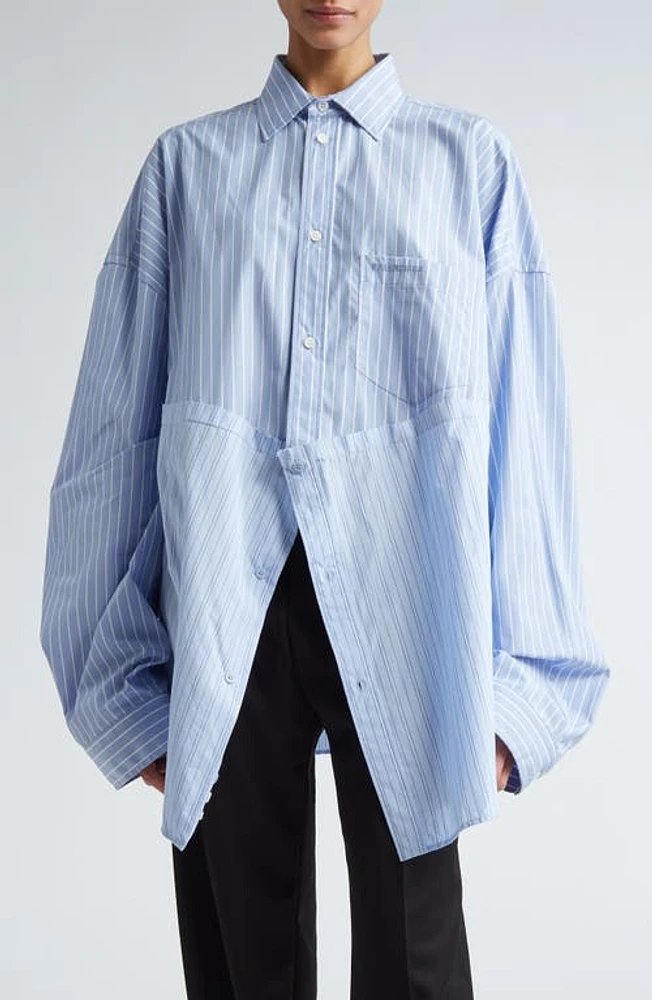 Balenciaga Cut Up Stripe Asymmetric Oversize Cotton Button-Up Shirt Sky Blue/White at Nordstrom, Us