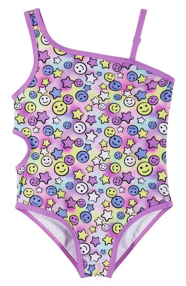 Andy & Evan Kids' Smiley Print Cutout One-Piece Swimsuit Purple at Nordstrom,