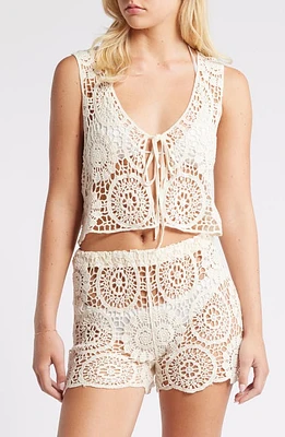 NASTY GAL Premium Hand Crochet Tie Front Crop Cover-Up Tank Top Cream at Nordstrom,