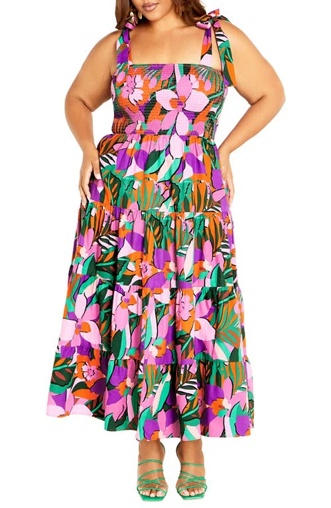 City Chic Sicilia Floral Smocked Tiered Maxi Sundress in Fuchsia Sicilia Prt at Nordstrom, Size Xs