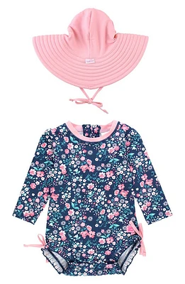 RuffleButts Moonlit Meadow One-Piece Rashguard Swimsuit & Hat Set in Blue at Nordstrom, Size 3-6M