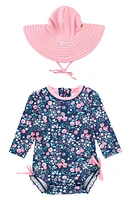 RuffleButts Moonlit Meadow One-Piece Rashguard Swimsuit & Hat Set in Blue at Nordstrom, Size 3-6M