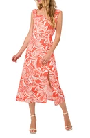 CeCe Leaf Print Ruched Strap Linen Blend Midi Dress Tigerlily Red at Nordstrom,