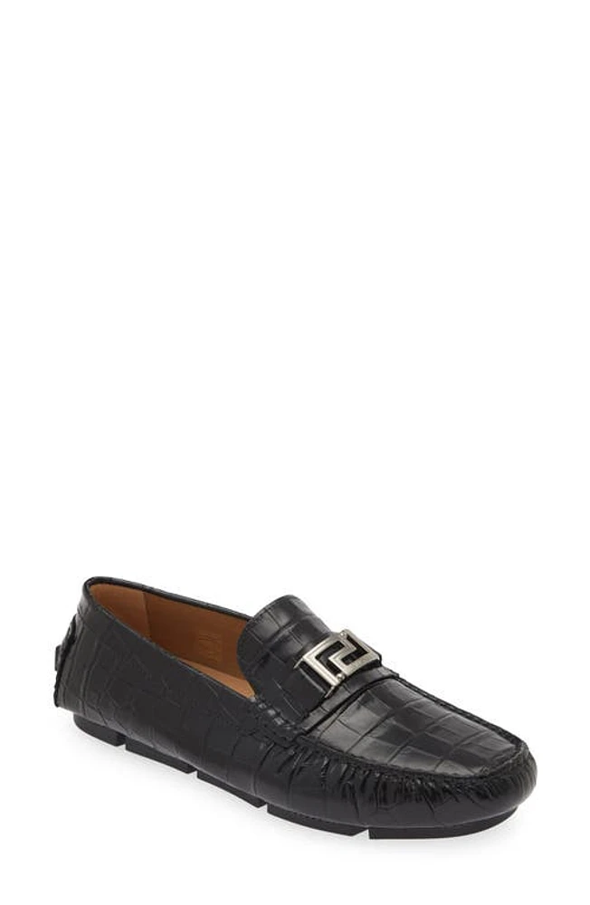 Versace Greca Croc Embossed Driving Loafer Black Ruthenium at Nordstrom,