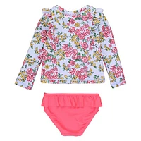 RuffleButts Girls Princess Seam Ruffle Rash Guard 2-Piece in Cheerful Blossoms at Nordstrom