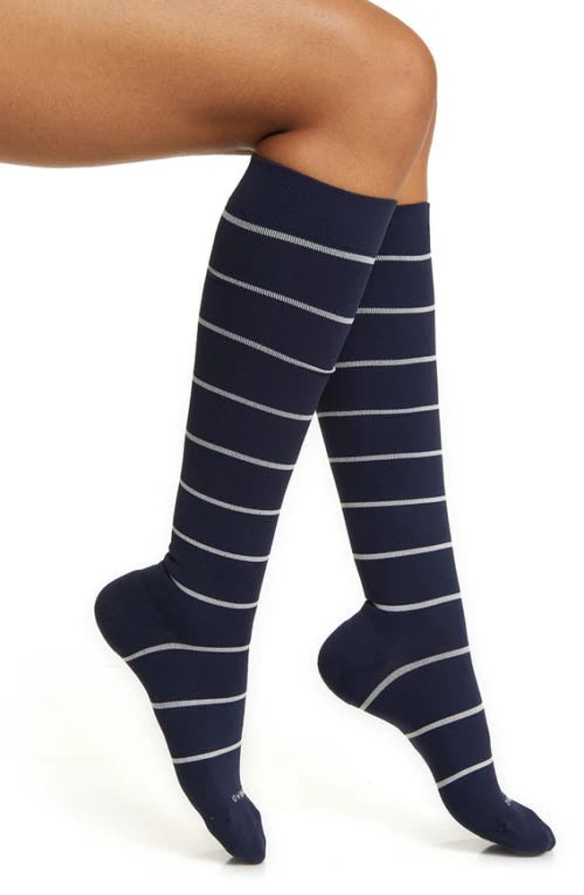 COMRAD Stripe Knee High Compression Socks in Navy/Sand at Nordstrom