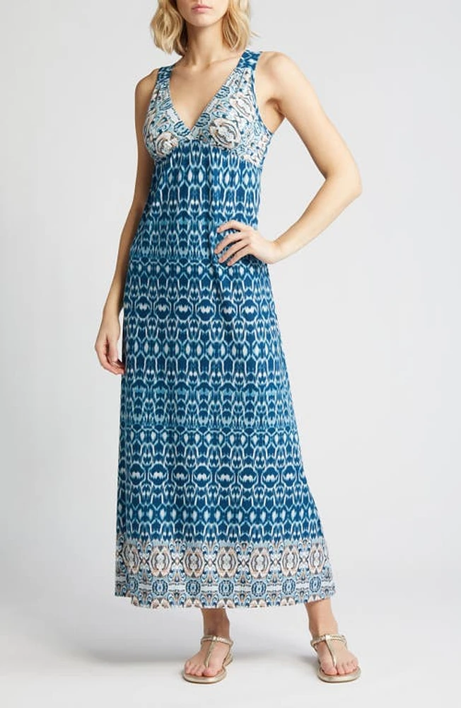 Loveappella Border Print Sleeveless Jersey Maxi Dress Teal at Nordstrom,