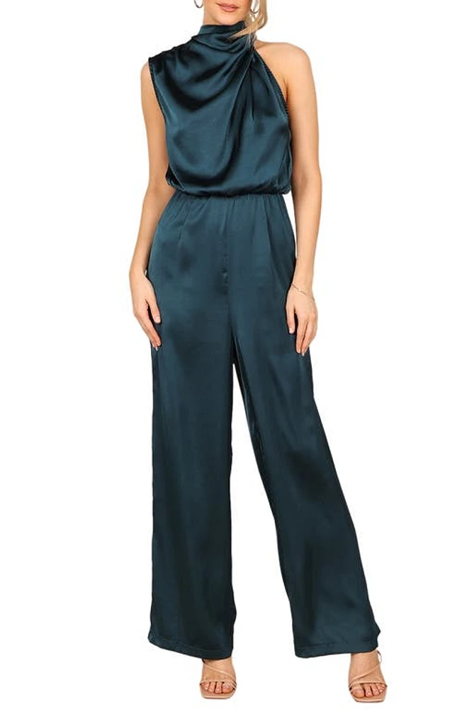 Petal & Pup Savannah One-Shoulder Satin Jumpsuit Teal at Nordstrom,