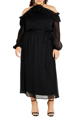 City Chic Nikita Rosette Tie Waist Cold Shoulder Long Sleeve Chiffon Midi Dress at