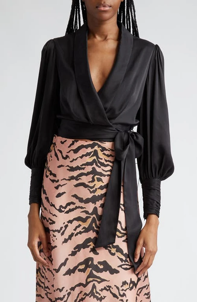 Zimmermann Long Sleeve Silk Wrap Top Black at Nordstrom,