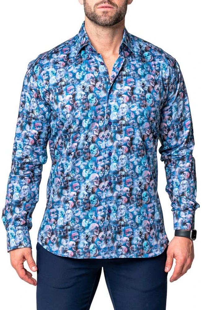 Maceoo Fibonacci Skelz Regular Fit Cotton Blend Button-Up Shirt Turquoise Multi at Nordstrom,