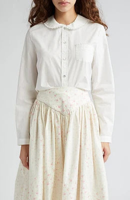 Sandy Liang Wembley Lace Trim Cotton Poplin Button-Up Shirt White at Nordstrom,