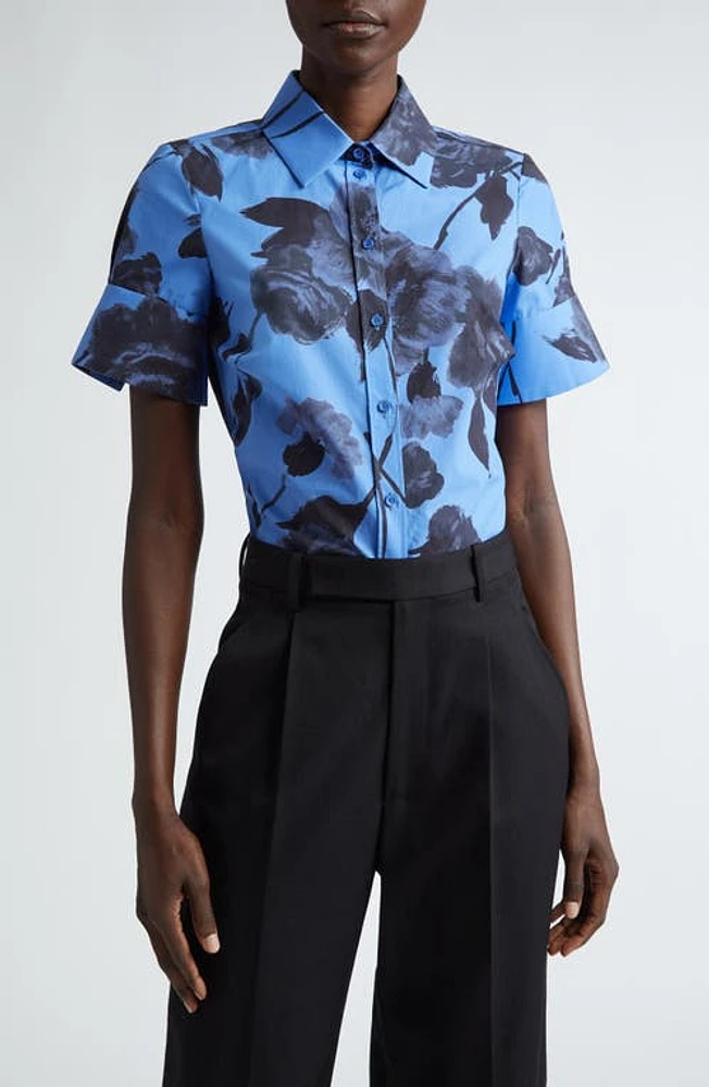 Erdem Floral Short Sleeve Cotton Poplin Button-Up Shirt Lupin Blue at Nordstrom, Us