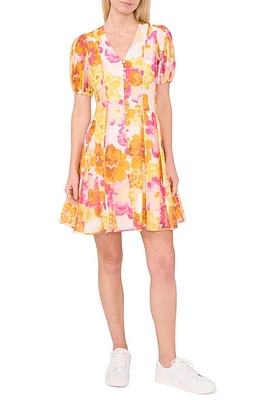 CeCe Floral V-Neck Slub Organdy Dress Radiant Yellow at Nordstrom,