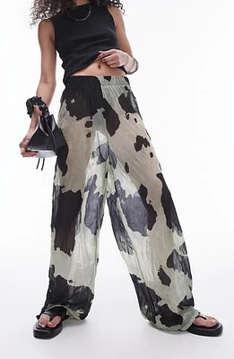 Topshop Cow Print Semisheer Wide Leg Crinkle Pants Beige Multi at Nordstrom,