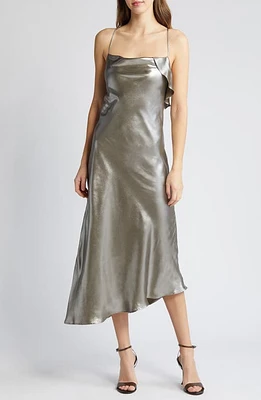 Du Paradis Metallic Asymmetric Hem Dress Olive Gloss at Nordstrom,