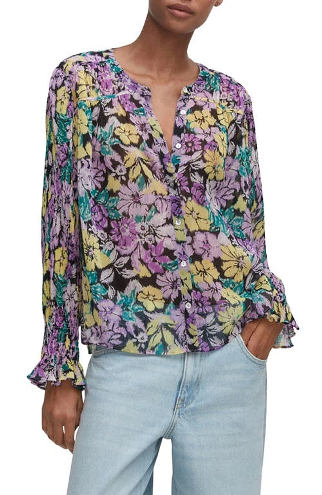 MANGO Ikat Floral Plissé Shirt Lilac at Nordstrom,