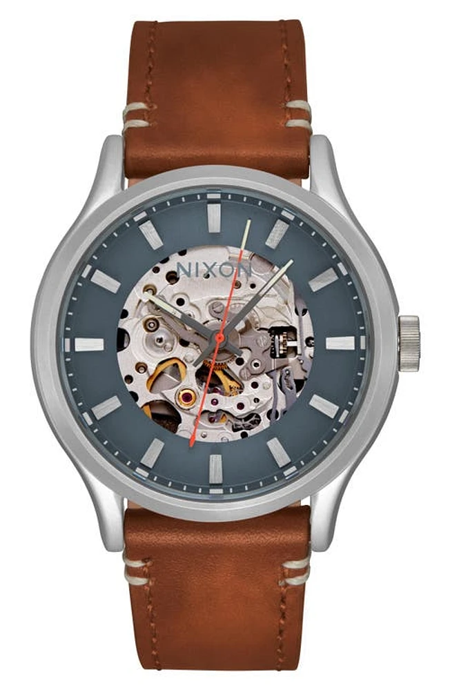 Nixon Spectra Skeleton Dial Leather Bracelet Watch, 40mm in Lt Gunmetal /Basalt /Sienna at Nordstrom