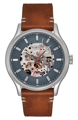 Nixon Spectra Skeleton Dial Leather Bracelet Watch, 40mm in Lt Gunmetal /Basalt /Sienna at Nordstrom