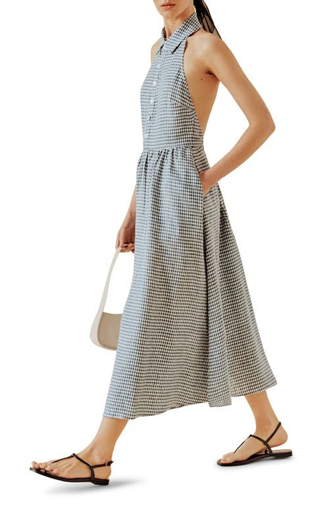 Reformation Tace Gingham Linen Halter Midi Dress Slate Check at Nordstrom,