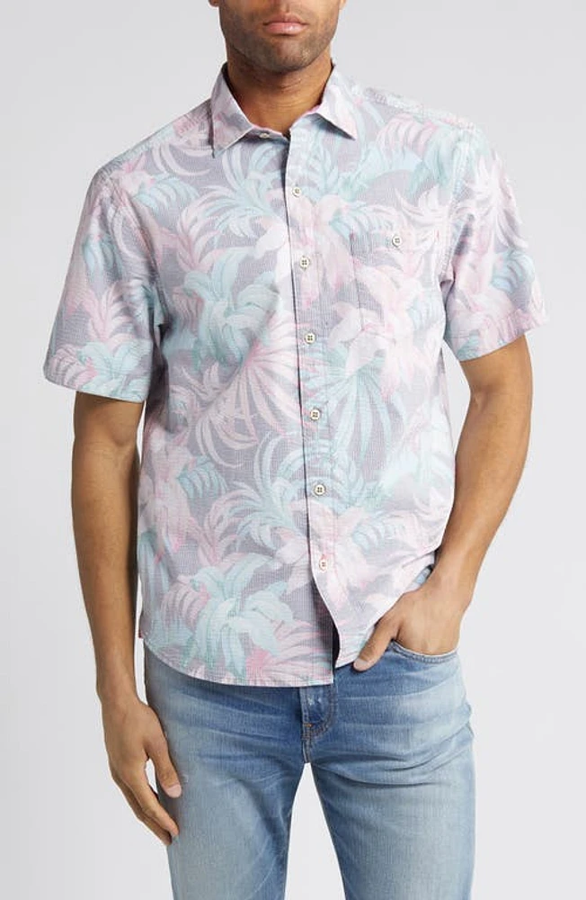 Tommy Bahama Nova Wave Midnight Tropics Stretch Seersucker Short Sleeve Button-Up Shirt Black/Pink at Nordstrom,