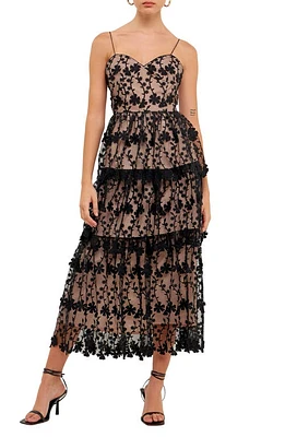 Endless Rose Floral Embroidered Tiered Dress Black at Nordstrom,