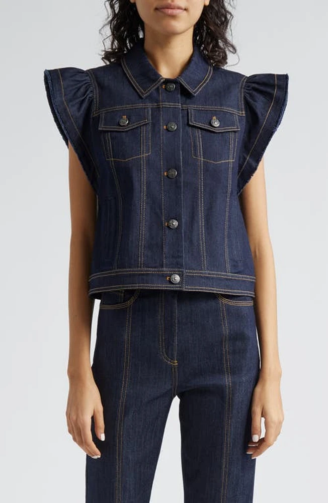 Cinq à Sept Adley Flutter Sleeve Denim Shirt Indigo at Nordstrom,