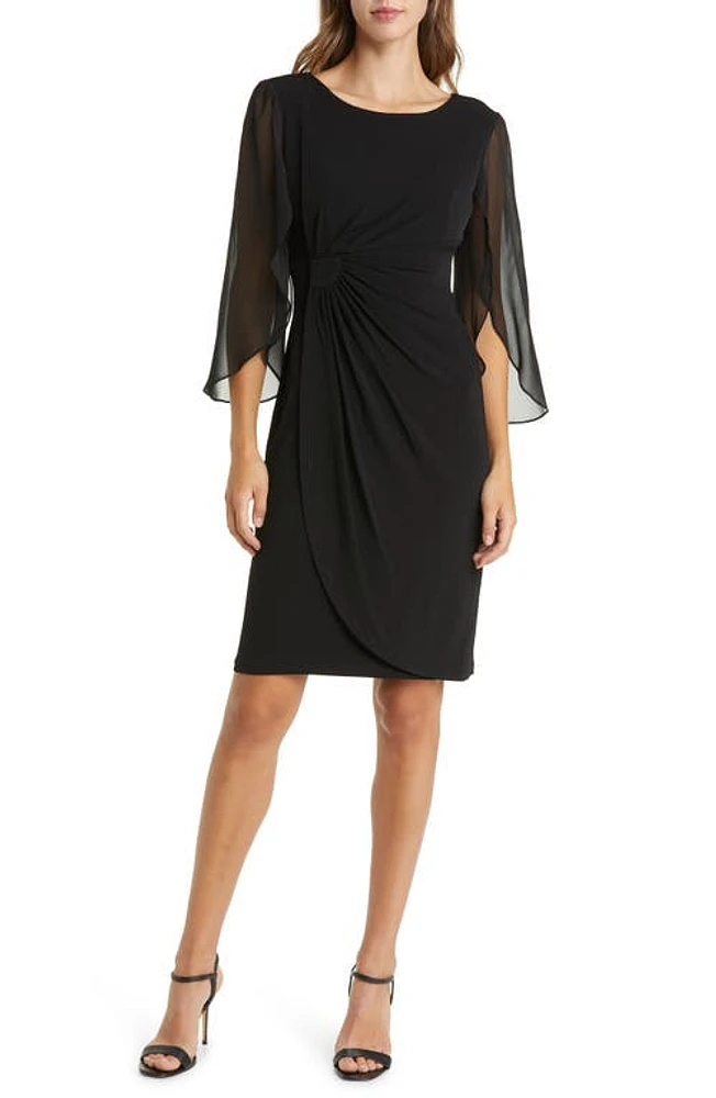 Connected Apparel Sheer Sleeve Dress Black at Nordstrom,