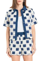 English Factory Crochet Lace Patchwork Short Sleeve Button-Up Shirt Navy Multi at Nordstrom,