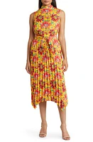 Tahari ASL Floral Pleat Tie Waist Dress Mustard Multi at Nordstrom,